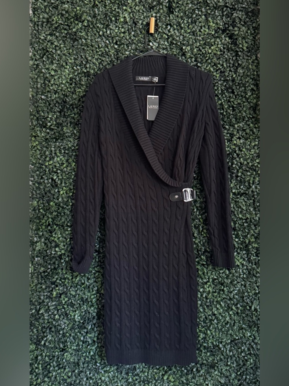 Lauren Ralph Lauren Black Cable-Knit Wrap Sweater Dress with Buckle